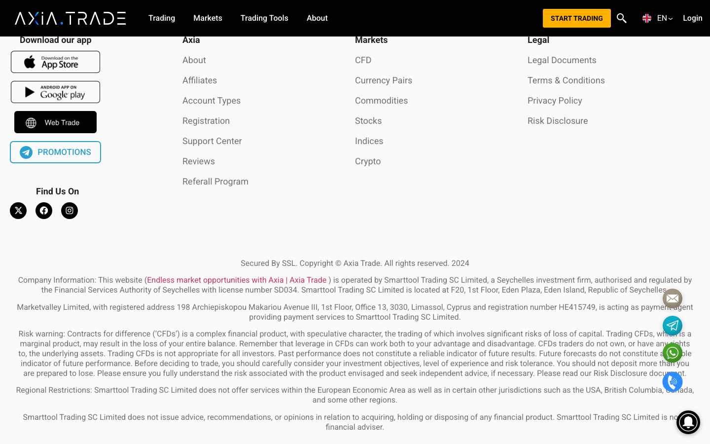 Axia Trade（axiainvestments.com）のページ下部に掲載された運営会社情報と所在地