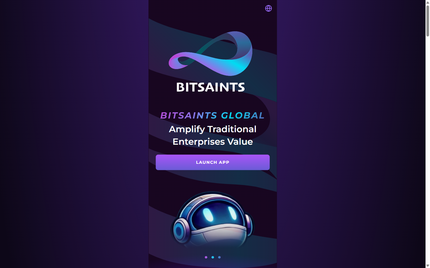 bitsaints.com のトップページ。BITSAINTS GLOBAL の文字と LAUNCH APP のボタン