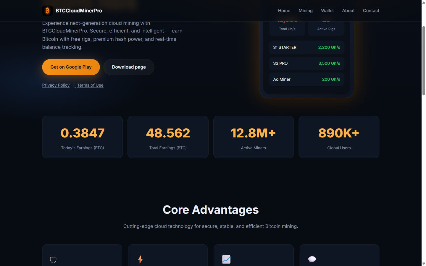 btccloudminer.pro の数値表示の欄。稼働中の採掘者数と利用者数が並んでいる