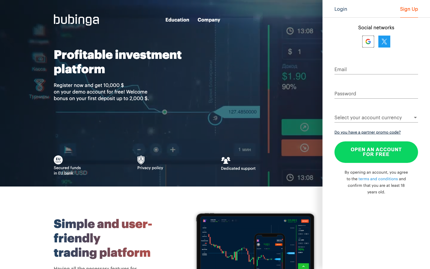 Bubinga（bubinga.com）のトップページ。英語表示で、登録で10,000ドル分のデモ資金と初回入金で最大2,000ドルのボーナスが案内されている