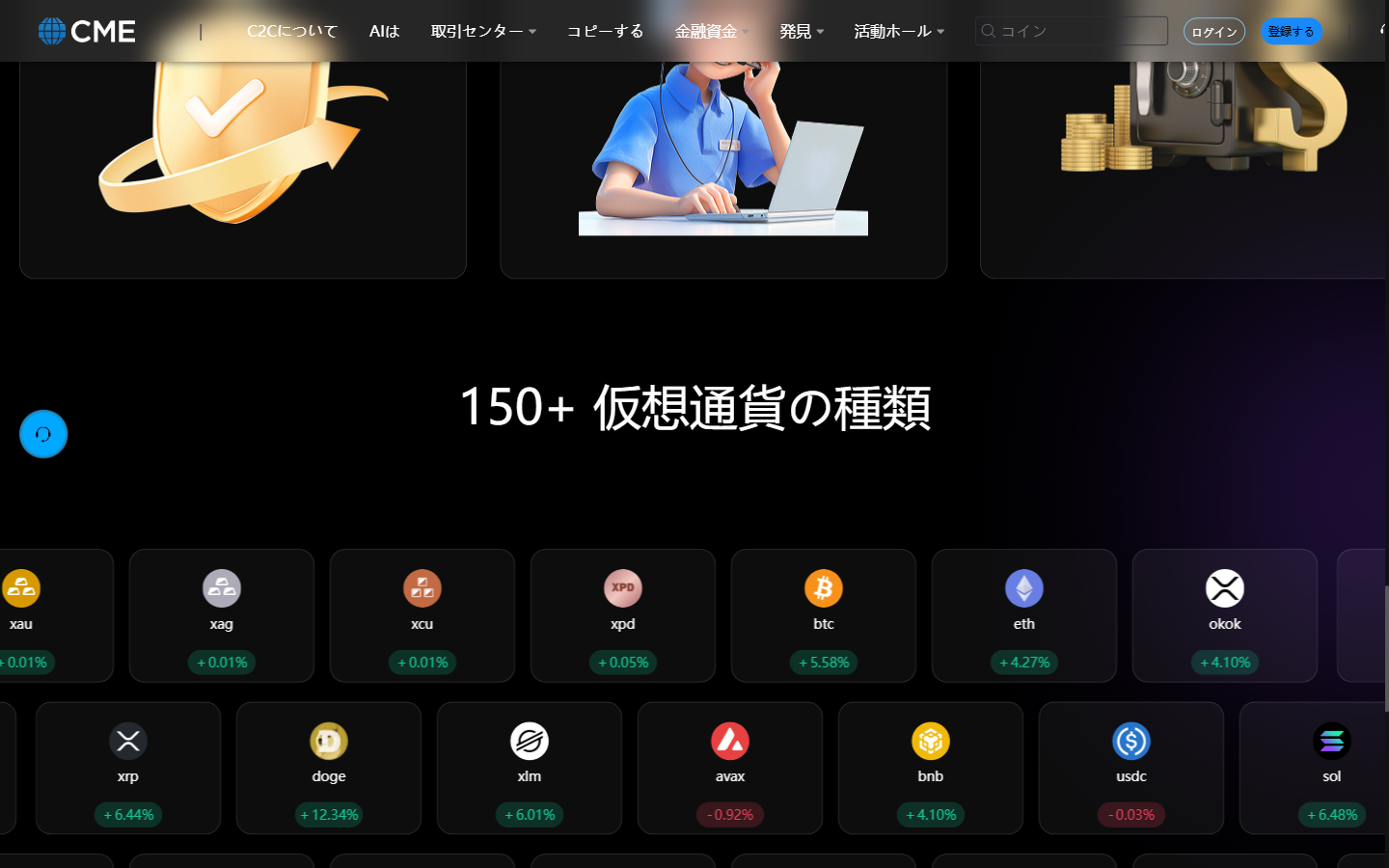 cmejp.one の資産運用の欄と「150+ 仮想通貨の種類」という見出し