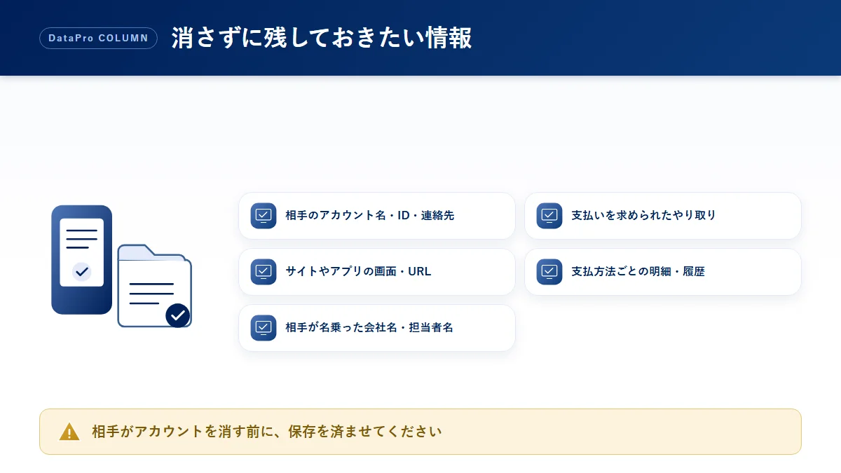 詐欺に気づいた直後に消さずに残しておきたい情報の図解