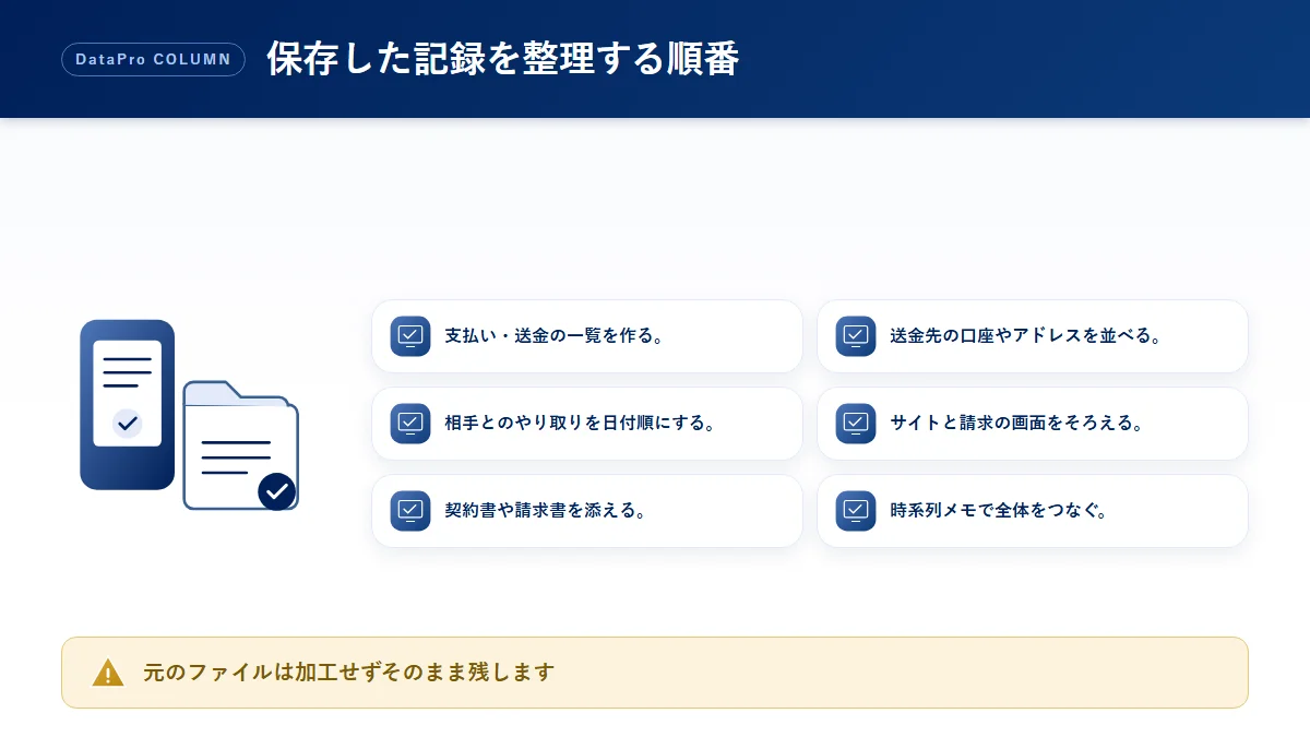 詐欺の証拠として保存した記録を整理する順番のチェック図解