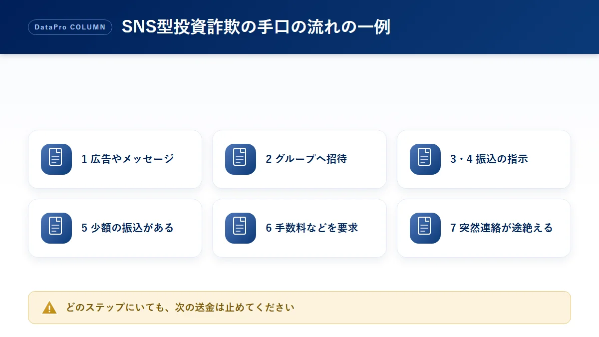 SNS型投資詐欺の手口の流れの一例を7つのステップで示した図解