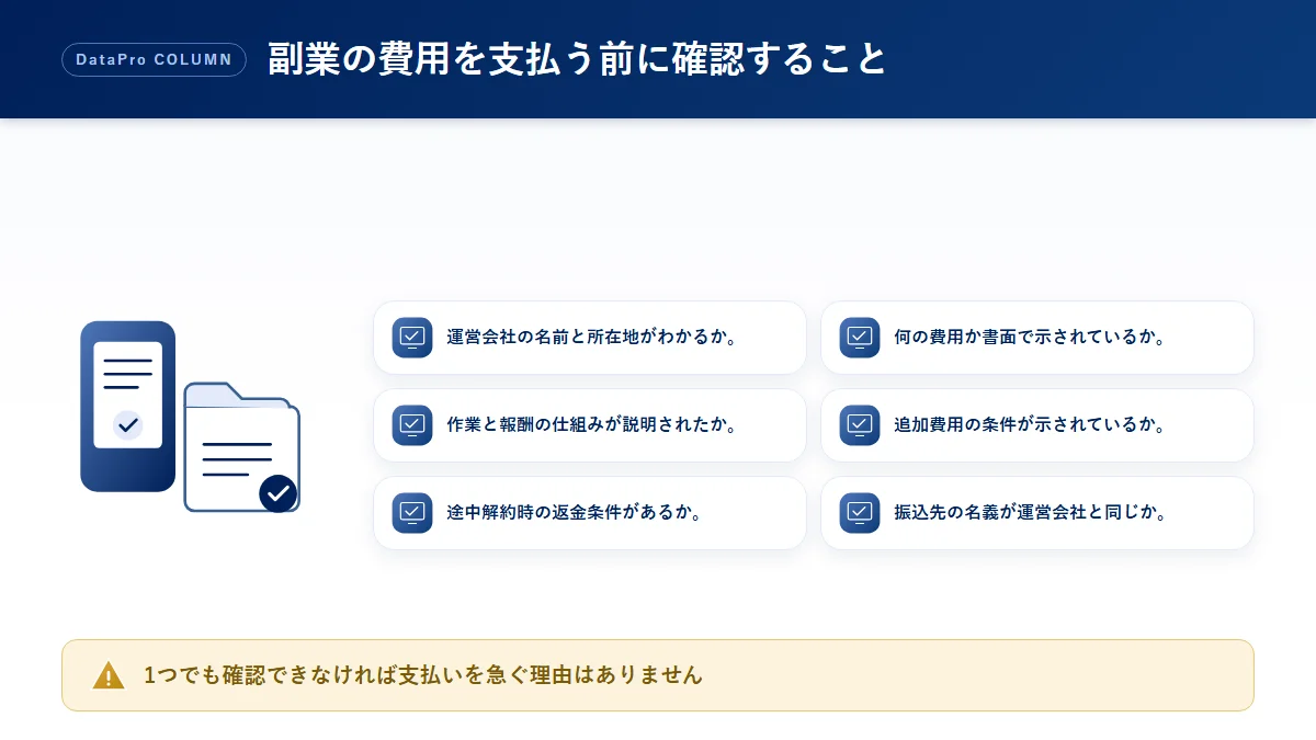 副業で費用を求められたときに支払う前に確認することのチェック図解