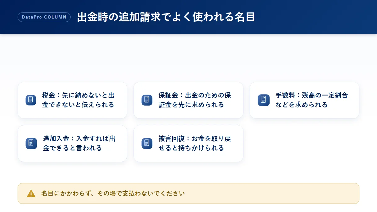 出金時の追加請求でよく使われる名目の種類の図解