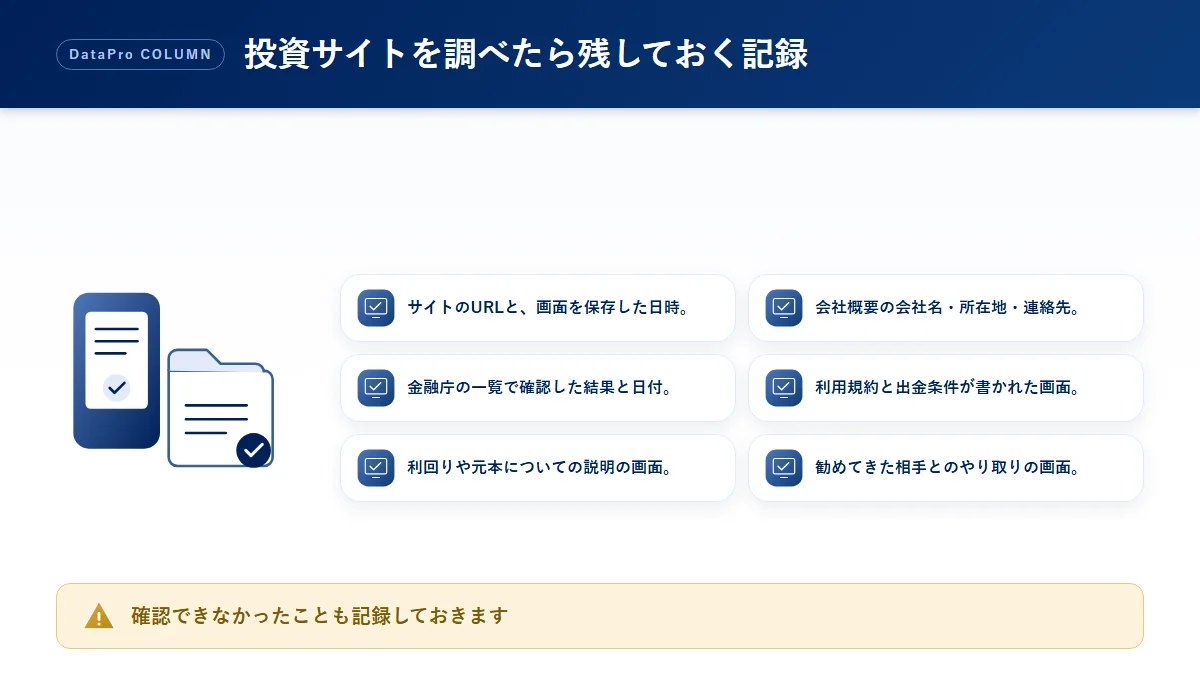 投資サイトを調べた内容として残しておく記録のチェック図解
