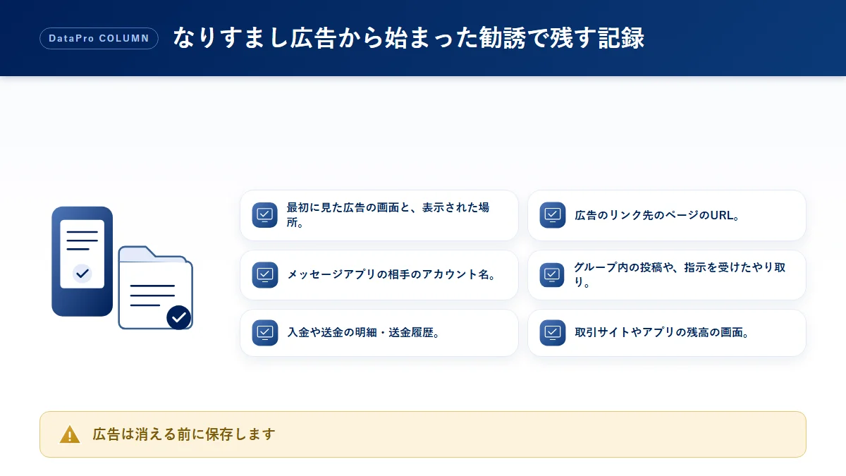 著名人のなりすまし投資広告から始まった勧誘について残しておきたい記録のチェック図解