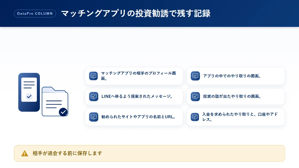 マッチングアプリで投資を勧められたときに残しておきたい記録のチェック図解
