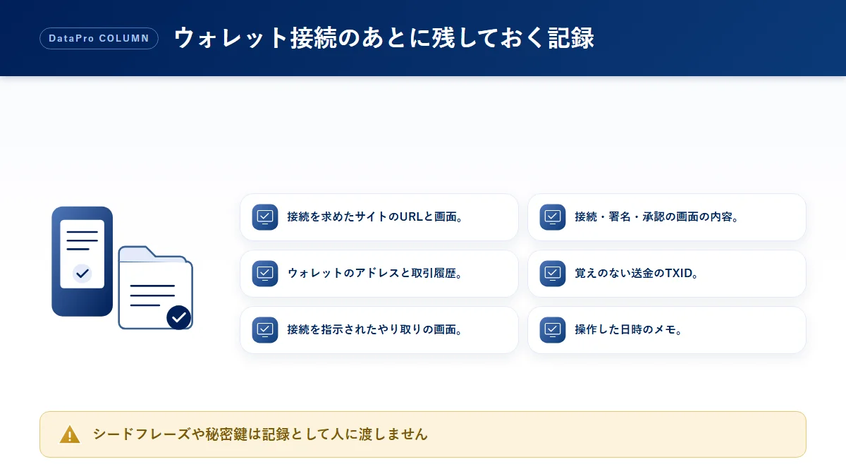 ウォレット接続を求める投資サイトで操作してしまった後に残しておく記録のチェック図解