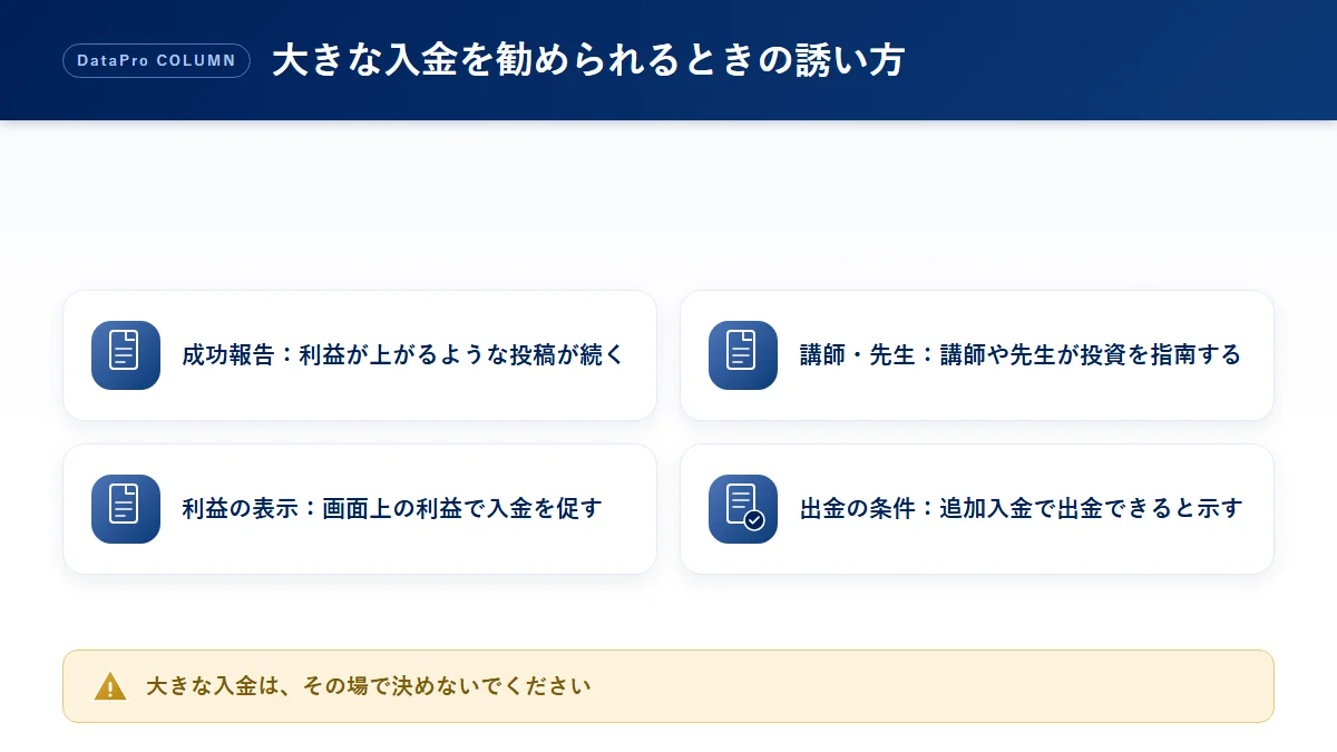 大きな入金を勧められるときによく見られる誘い方の種類の図解