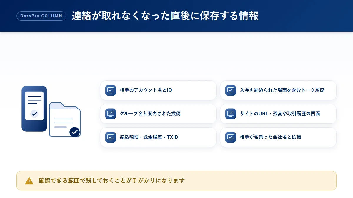 連絡が取れなくなった直後に保存しておきたい情報の図解