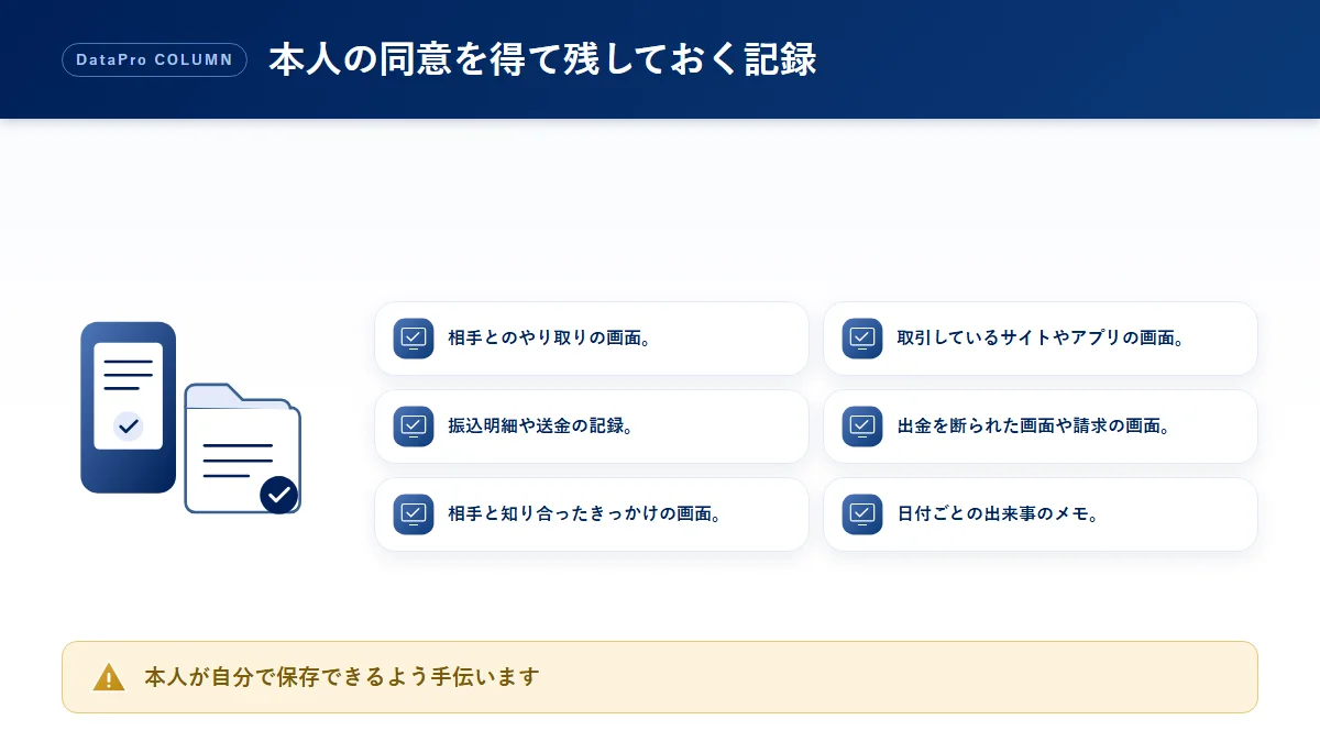 家族が投資詐欺に遭っているかもしれないときに本人の同意を得て残しておく記録のチェック図解
