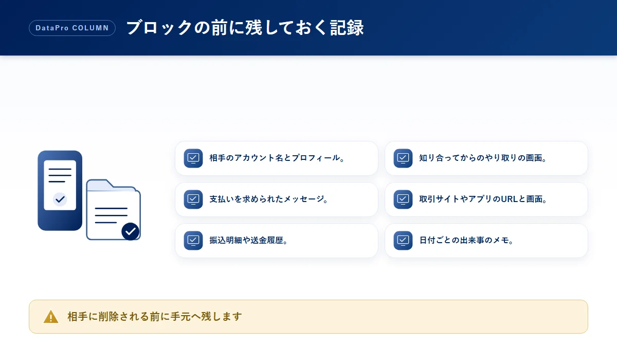 詐欺の相手をブロックする前に残しておく記録のチェック図解