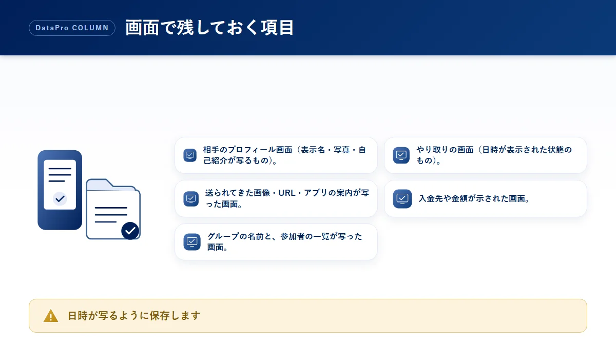 LINEのやり取りを画面として残すときに押さえておきたい項目のチェック図解