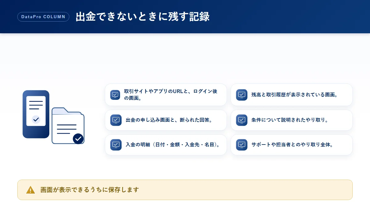 出金条件を理由に出金できないときに残しておきたい記録のチェック図解