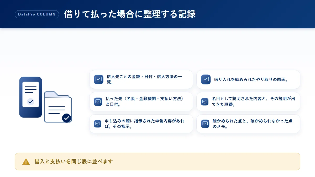 追加請求のために借りて払ってしまった場合に整理する記録のチェック図解