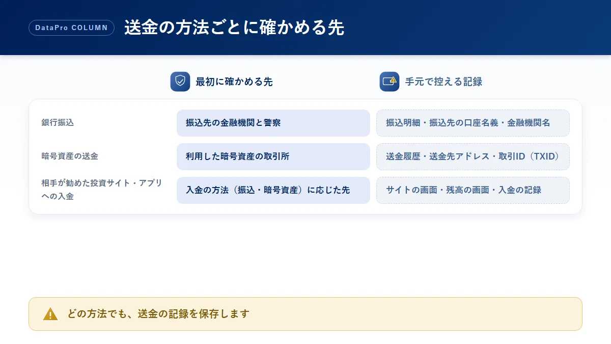 会ったことのない相手へ送金した方法ごとに、最初に確かめる先と控える記録を整理した比較図解