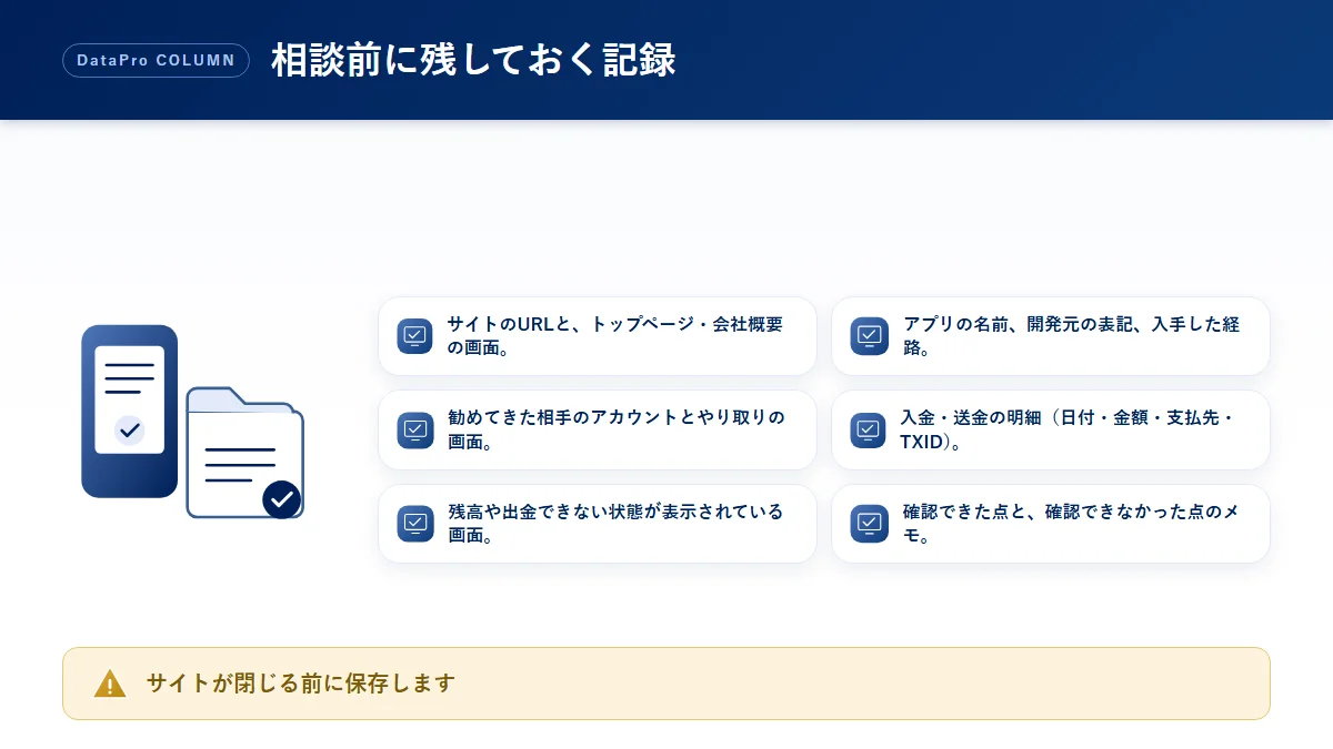 偽サイトや偽アプリの疑いがあるときに残しておきたい記録のチェック図解