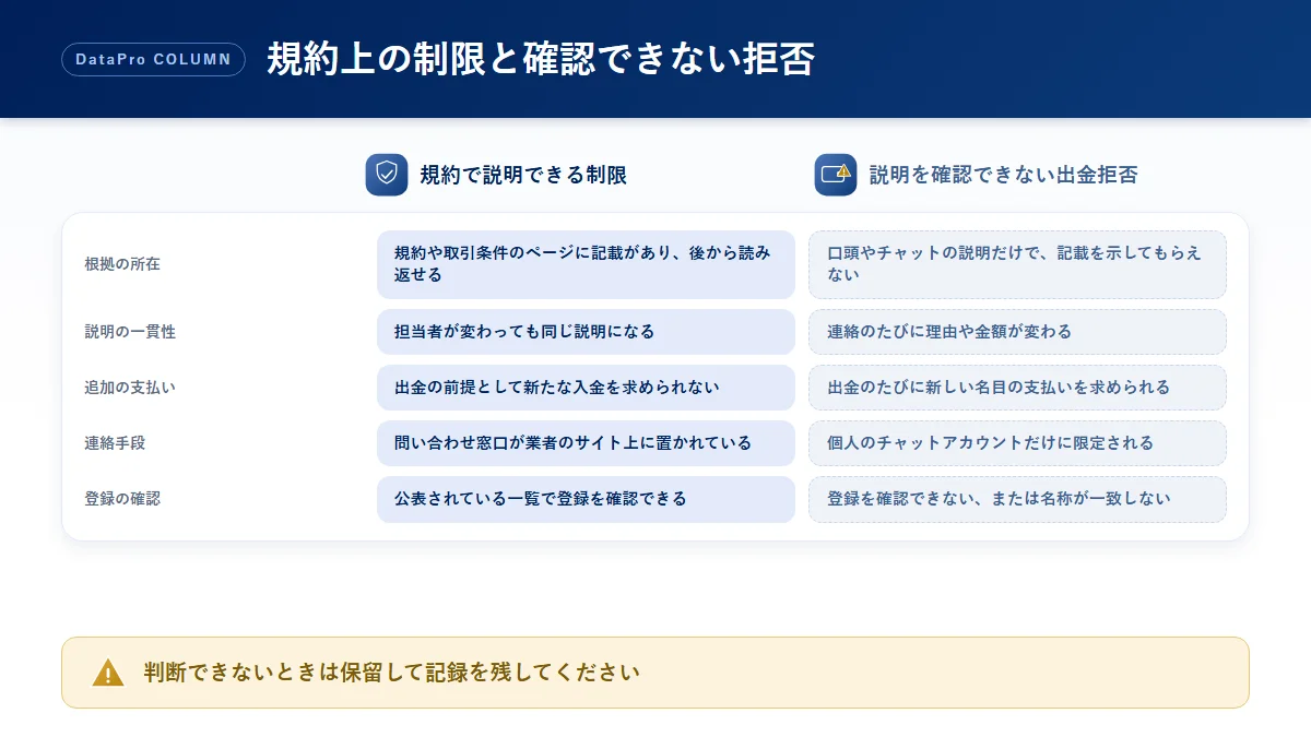 規約で説明できる出金の制限と、説明を確認できない出金拒否を比較した図解