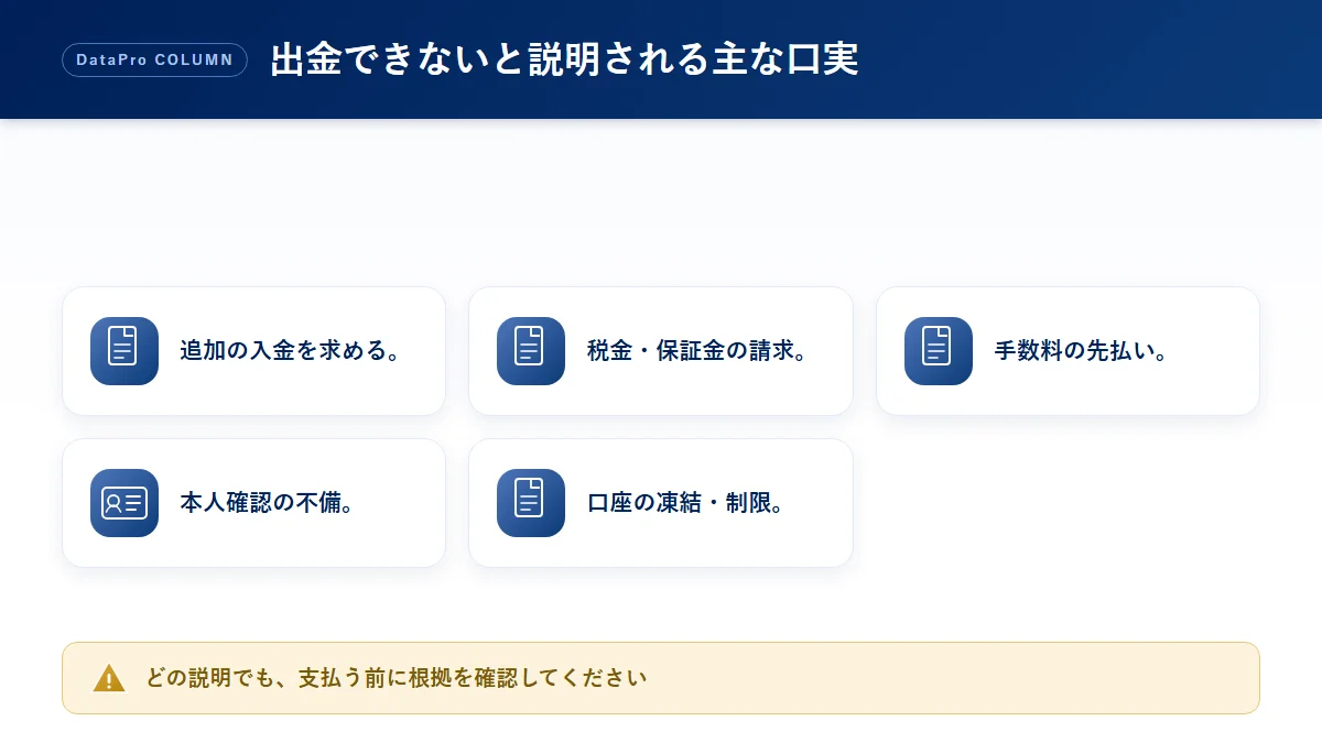 FX・バイナリーオプションで出金できないと説明される主な口実の分類図解