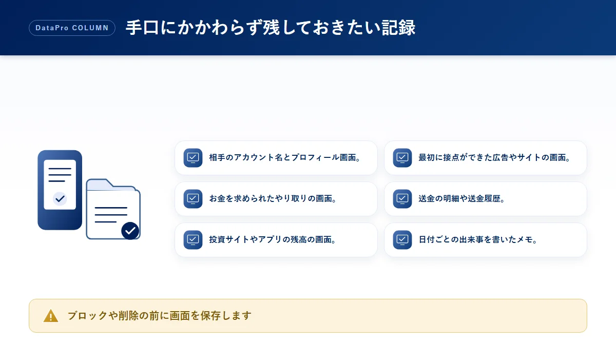 詐欺の手口の種類にかかわらず残しておきたい6つの記録のチェック図解