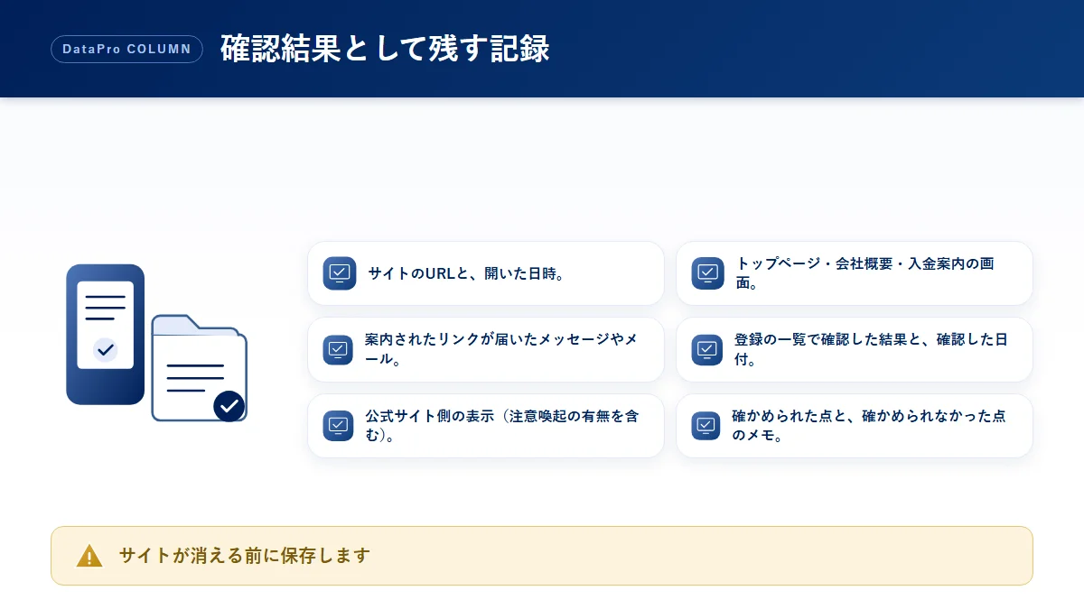 実在企業をかたる偽サイトを確認した結果として残しておきたい記録のチェック図解