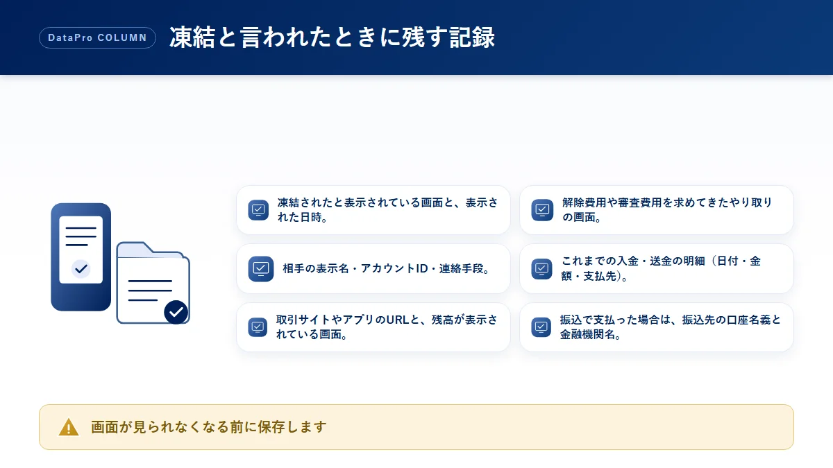 口座凍結や解除費用を求められたときに残しておきたい記録のチェック図解