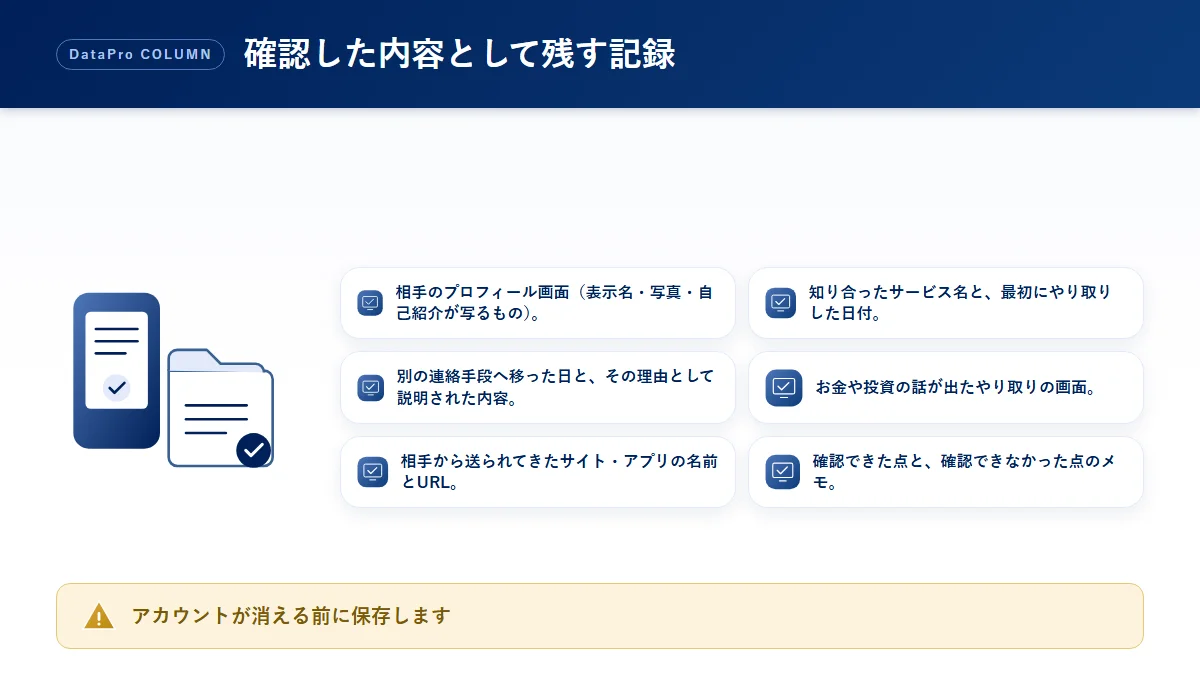 ロマンス詐欺かどうかを確認した内容として残しておきたい記録のチェック図解