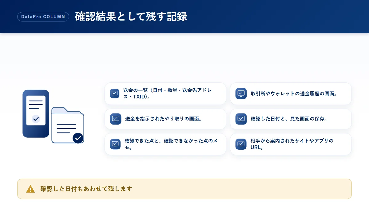 送金先アドレスを確認した結果として残しておきたい記録のチェック図解