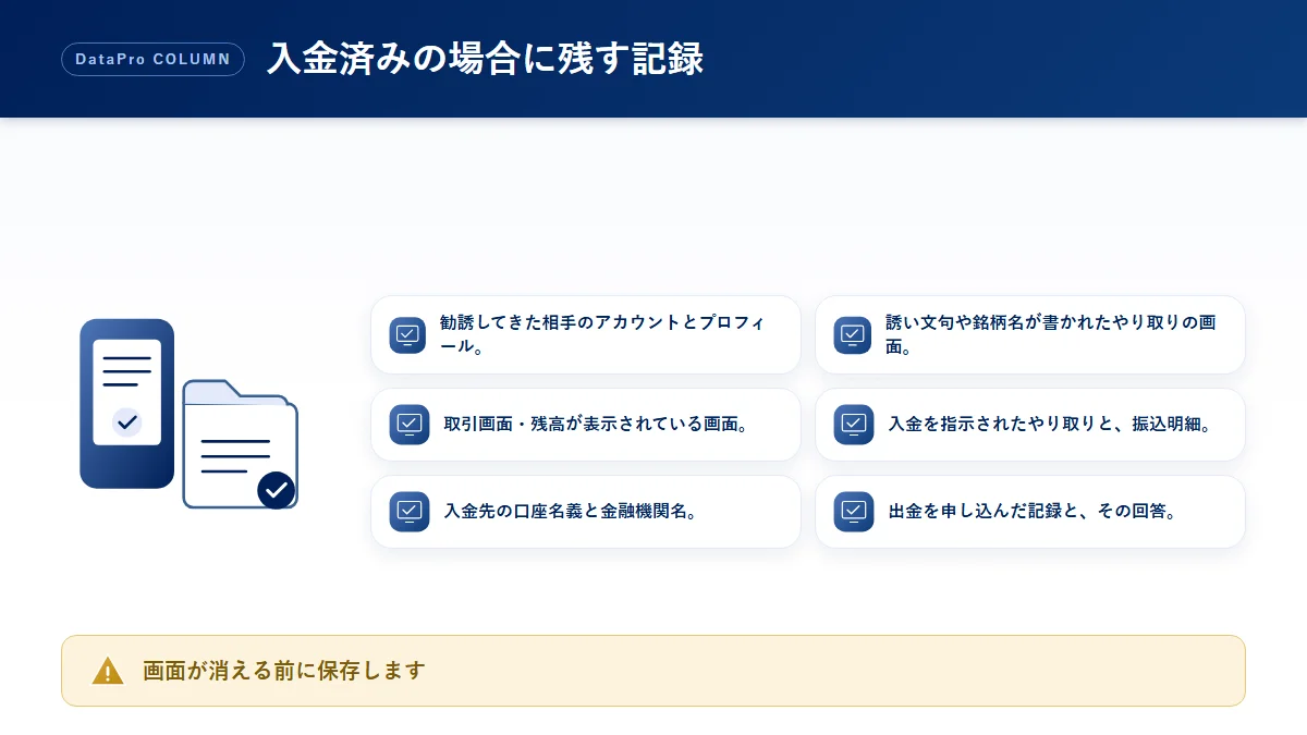 株の投資詐欺で入金してしまった場合に残しておきたい記録のチェック図解