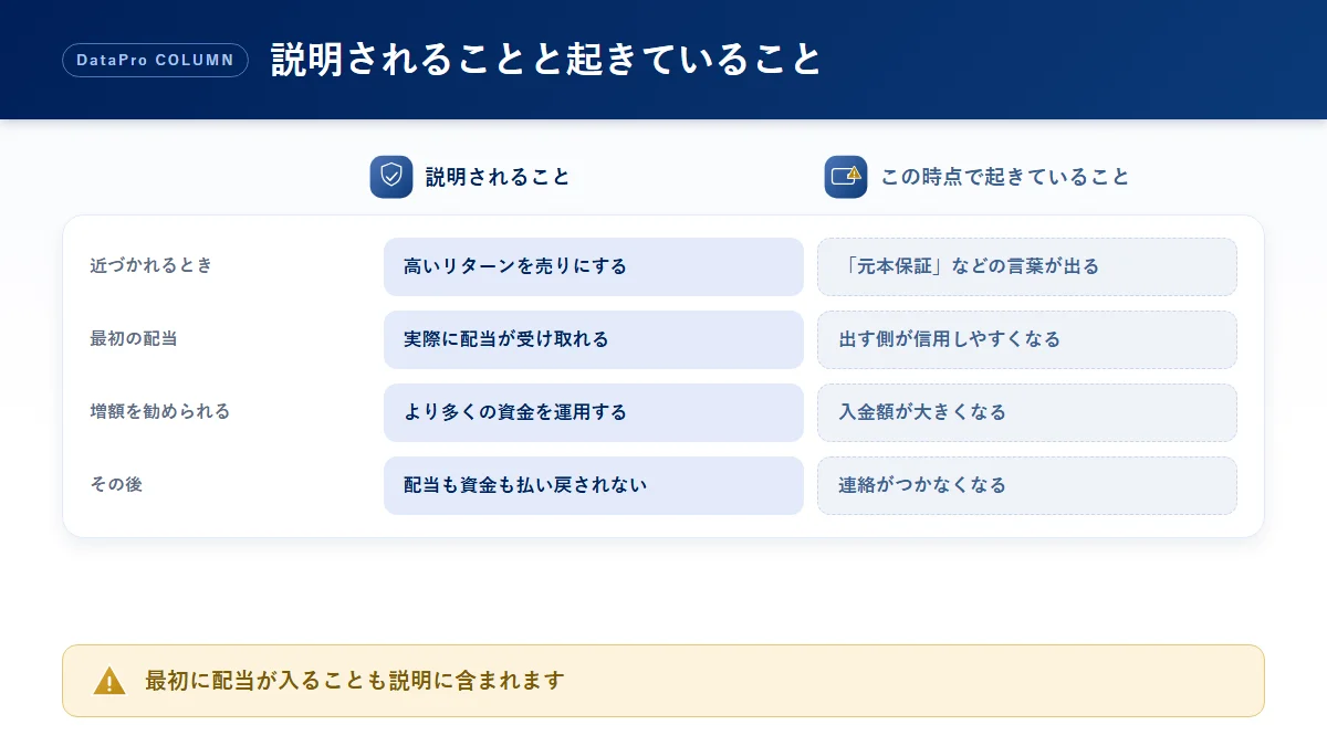 ポンジ・スキームとして説明される流れと各段階で起きていることを整理した比較図解