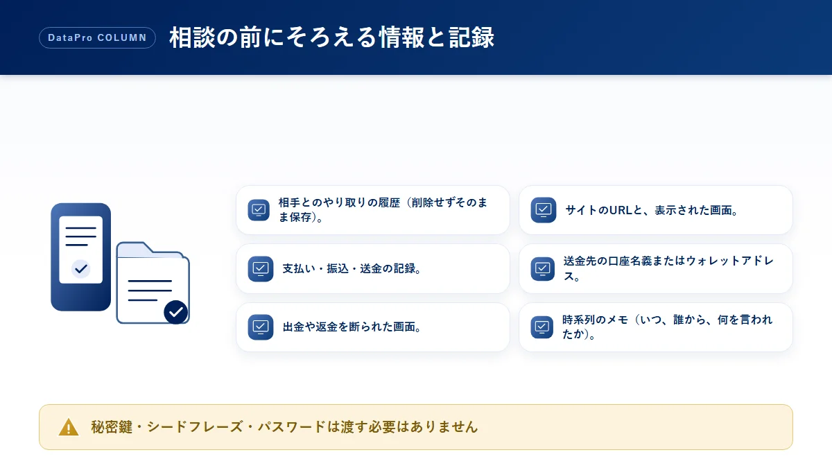 詐欺被害の相談前に準備しておく情報と記録のチェック図解