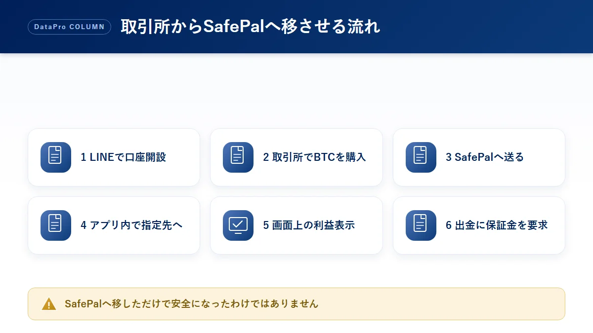 取引所で買った暗号資産をSafePal(セーフパル)へ移し、指定先へ送らせる流れの図解