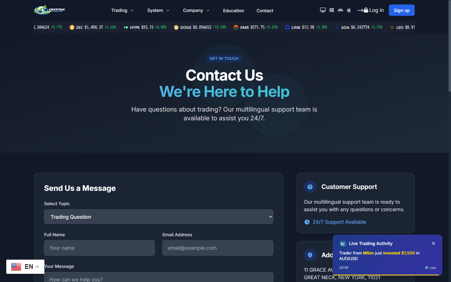 cryptex-markets.com の連絡先ページ。住所が米国ニューヨーク州になっている