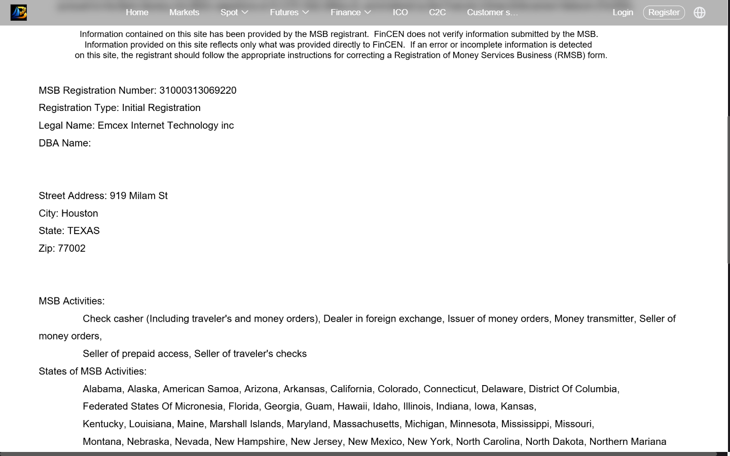 dopexyz.com が掲げる米国の送金業者登録の体裁の文書。会社名とヒューストンの住所が書かれている