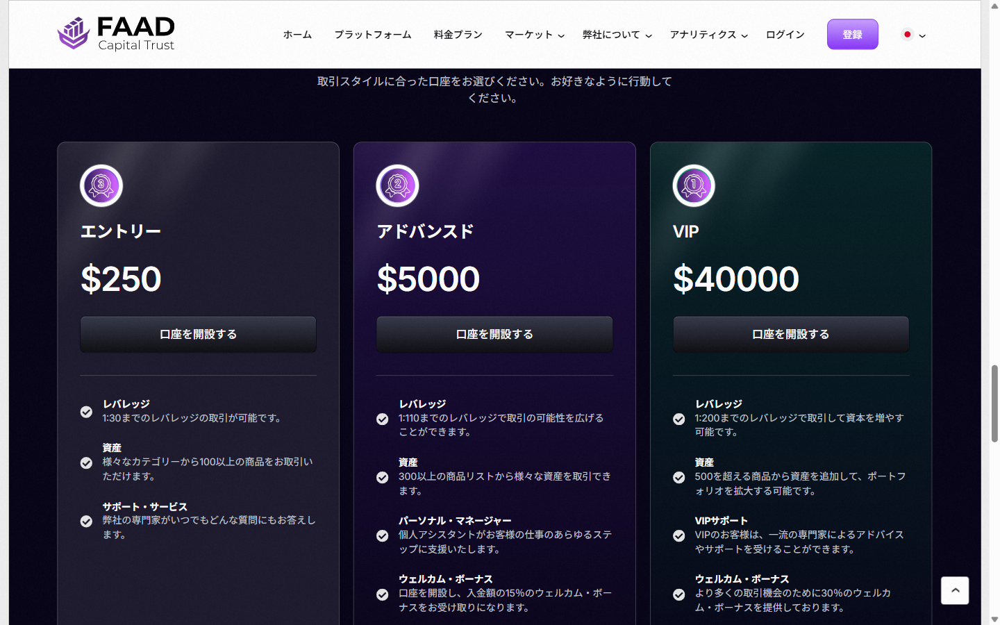 faadcapitaltrust.pro の料金プラン。250ドル・5000ドル・40000ドルの3段階