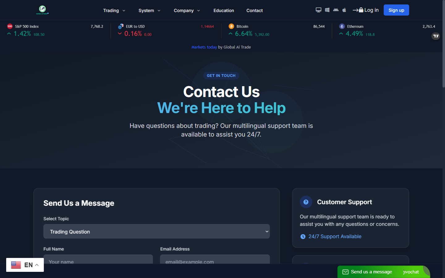globalaitradenetwork.com の問い合わせページ。米国ニューヨーク州の住所が表示されている