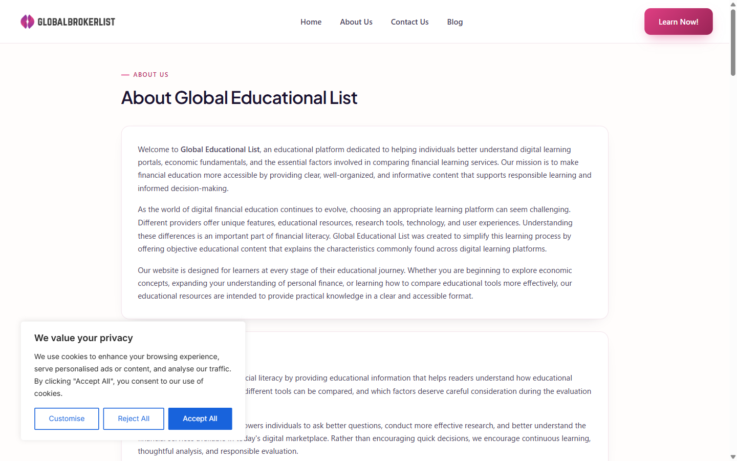 globalbrokerlist.com の会社概要ページ。本文の名称が Global Educational List になっている