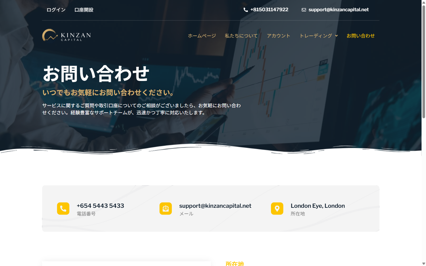 kinzancapital.com のお問い合わせページ。本文とフッターで連絡先が異なる