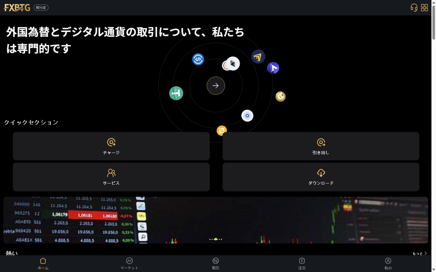 GlobalTrade（m.globalapps.cc）のトップページ。日本語の取引画面が表示されている