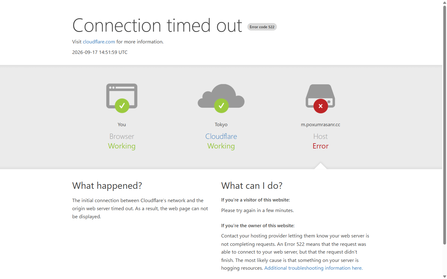 m.poxumrasanr.cc を開いた画面。Connection timed out（エラー522）と表示されている