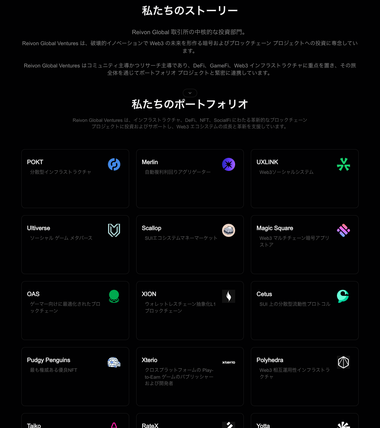 Reivon Globalが掲載する投資部門紹介ページのポートフォリオ一覧