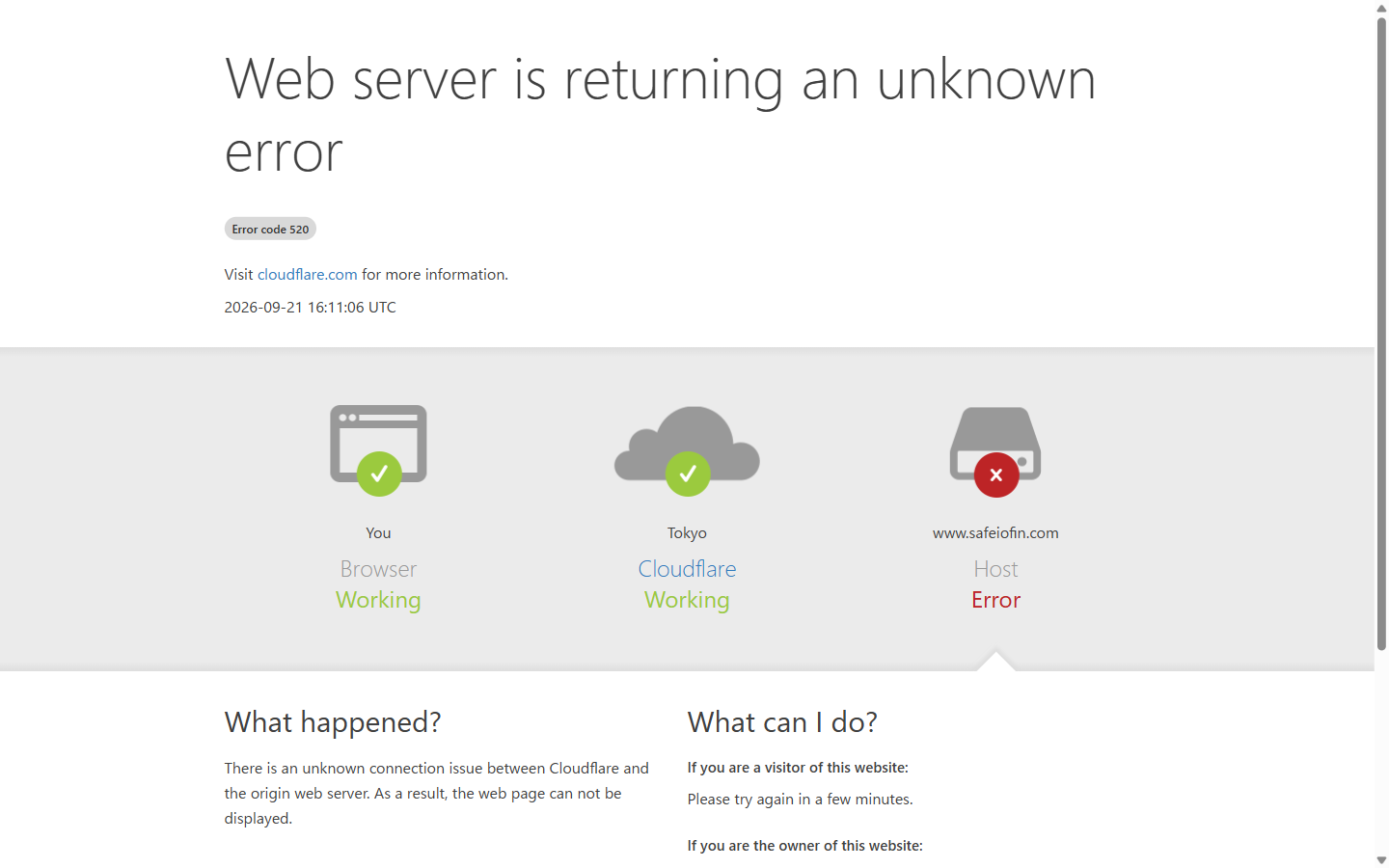 safeiofin.com のURLを直接開いた画面。Cloudflareのエラー520が表示されている