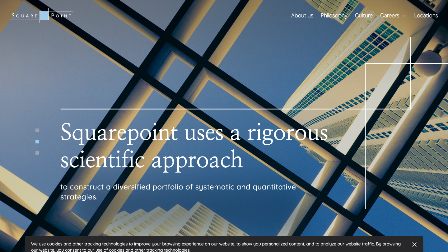 「公式サイトへ」のリンク先である squarepoint-capital.com の画面。英語で About us や Careers のメニューが並ぶ