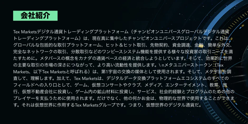過去に確認されたTex Marketsの会社紹介の画面