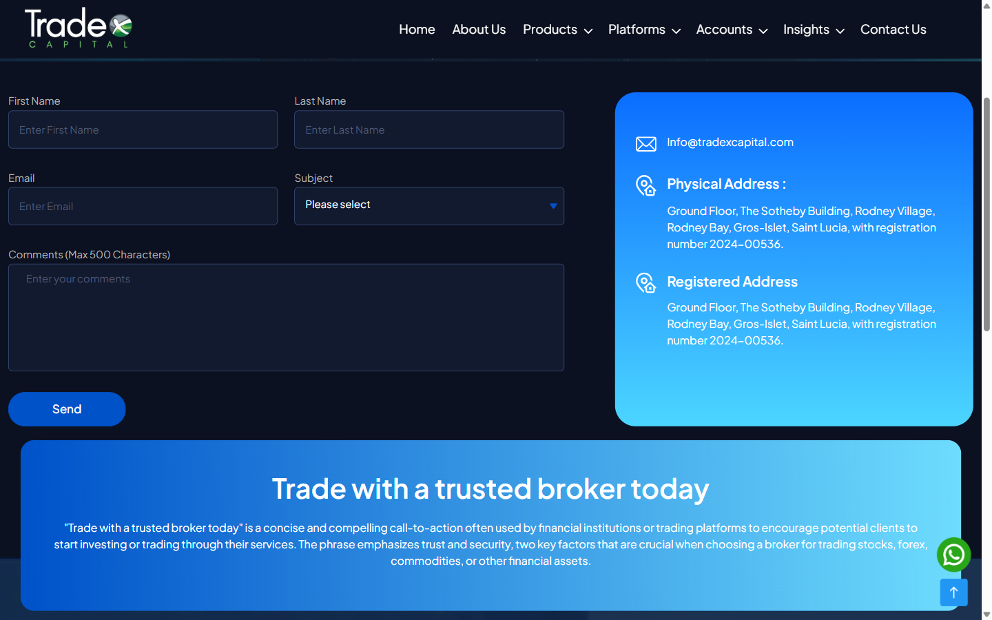tradexcapital.com のContact Usページ。住所とともに登録番号2024-00536が表示されている