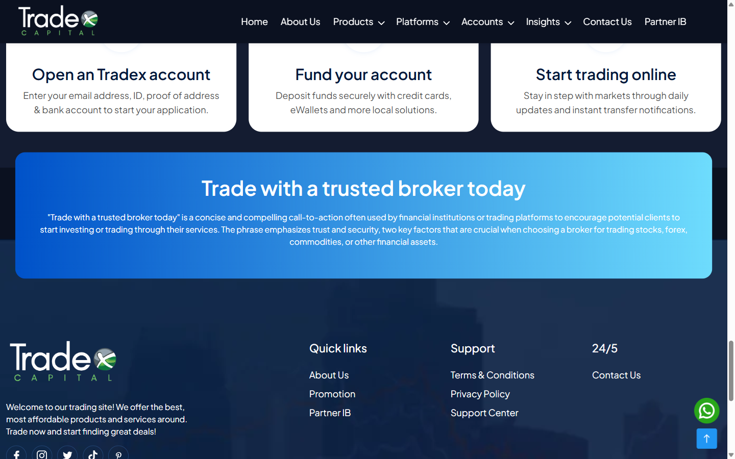 tradexcapital.com のフッター。宣伝文句の説明文と登録番号2025 00618が並んでいる