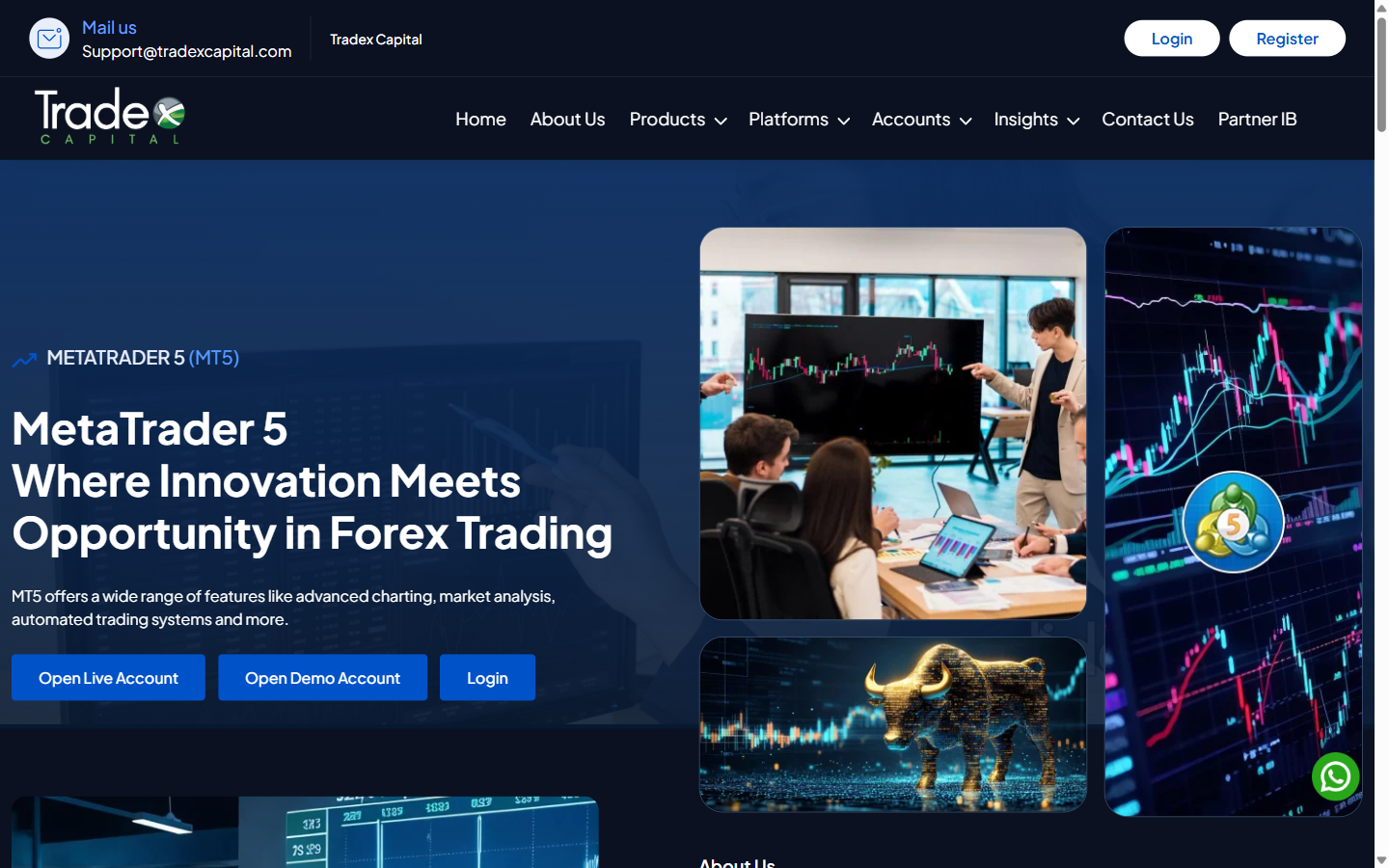 TradexCapital(tradexcapital.com)のトップページ。MetaTrader 5 を掲げるFXブローカーの画面