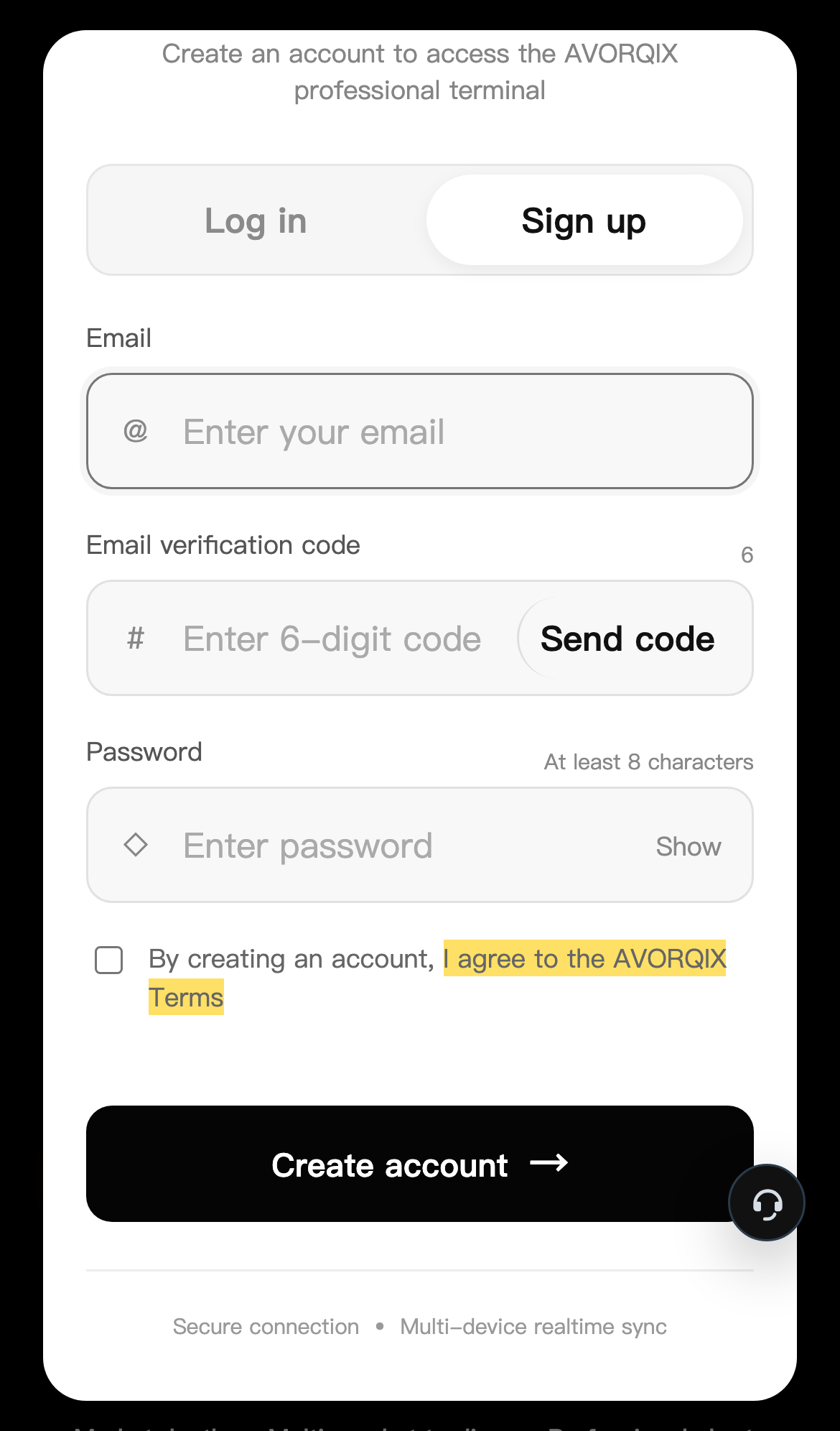 AVORQIXの登録画面。規約に同意する一文がある